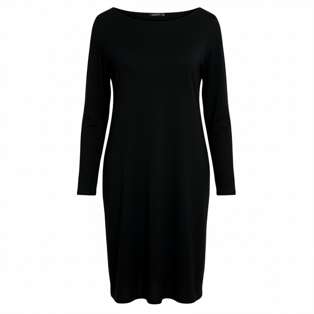 Eileen Fisher‎ Black Long Sleeve Liquid Knit Boatneck Midi Dress M M